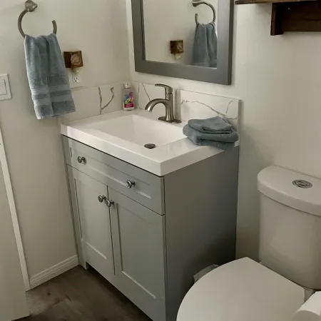 a bathroom with a sink toilet and mirror