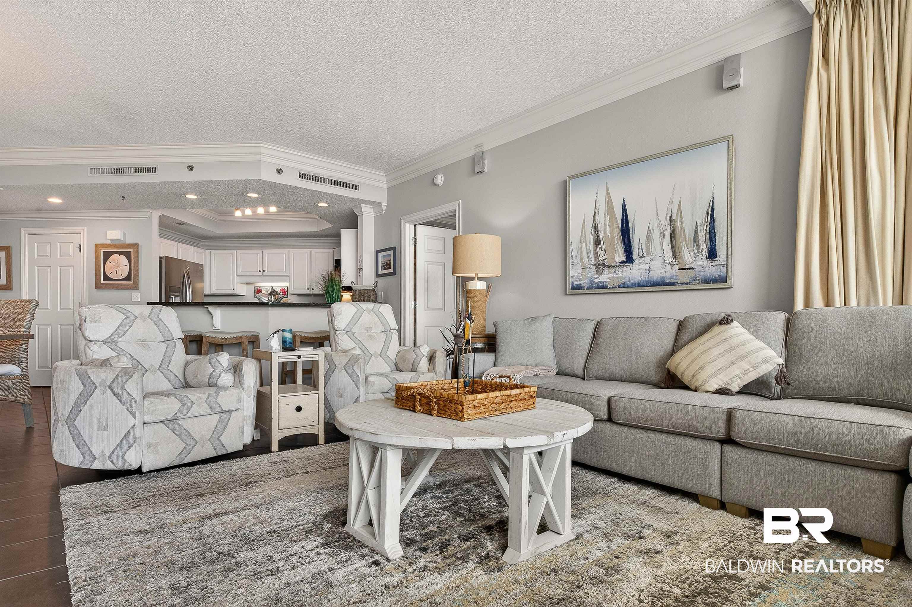 27582 Canal Road, Unit 2507 Orange Beach, AL 36561 - Photo 19 of 75 Living room with crown molding, recessed lighting, wood finished floors, and a textured ceiling