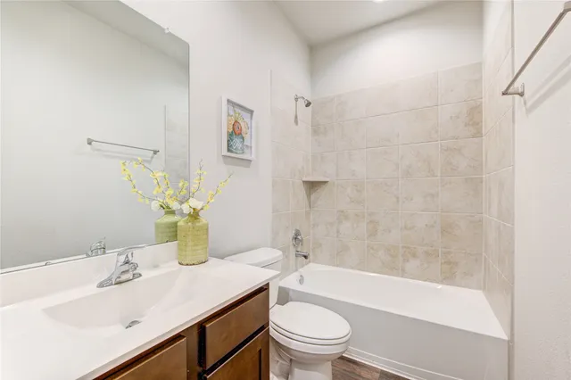 a bathroom with a sink toilet vanity and bathtub