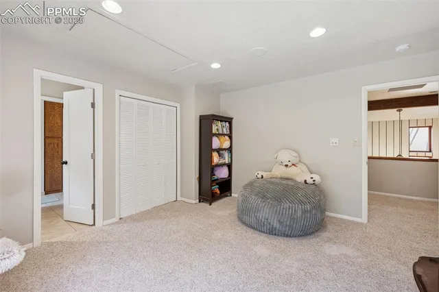 a living room with furniture and closet
