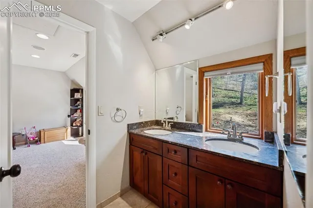 a bathroom with a granite countertop sink mirror and a shower