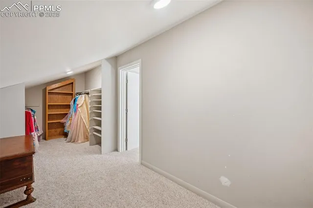 a view of walk in closet with clothes