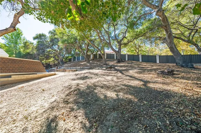 a view of backyard with a barn and large trees