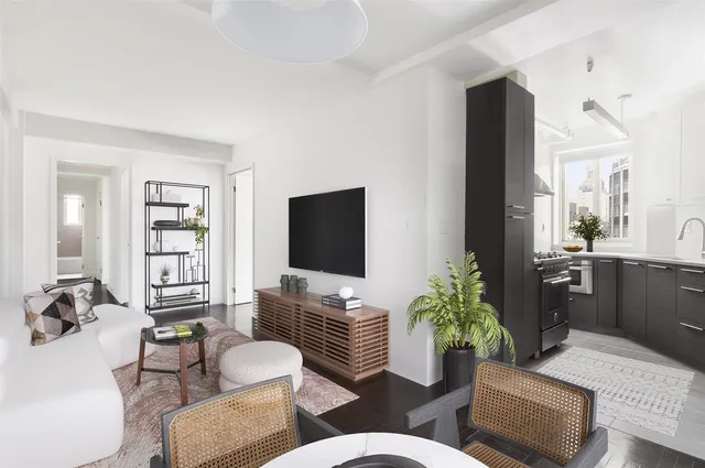 a living room with furniture potted plant and a flat screen tv