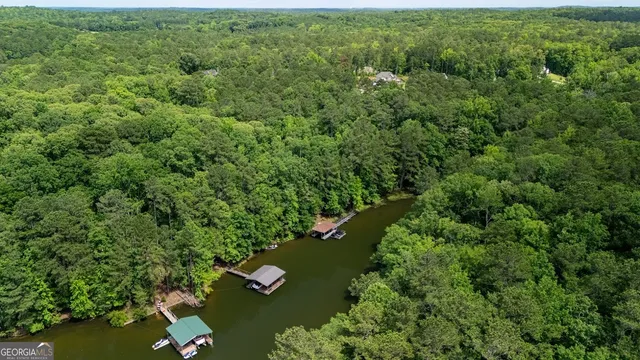 an aerial view of residential house with outdoor space and trees all around