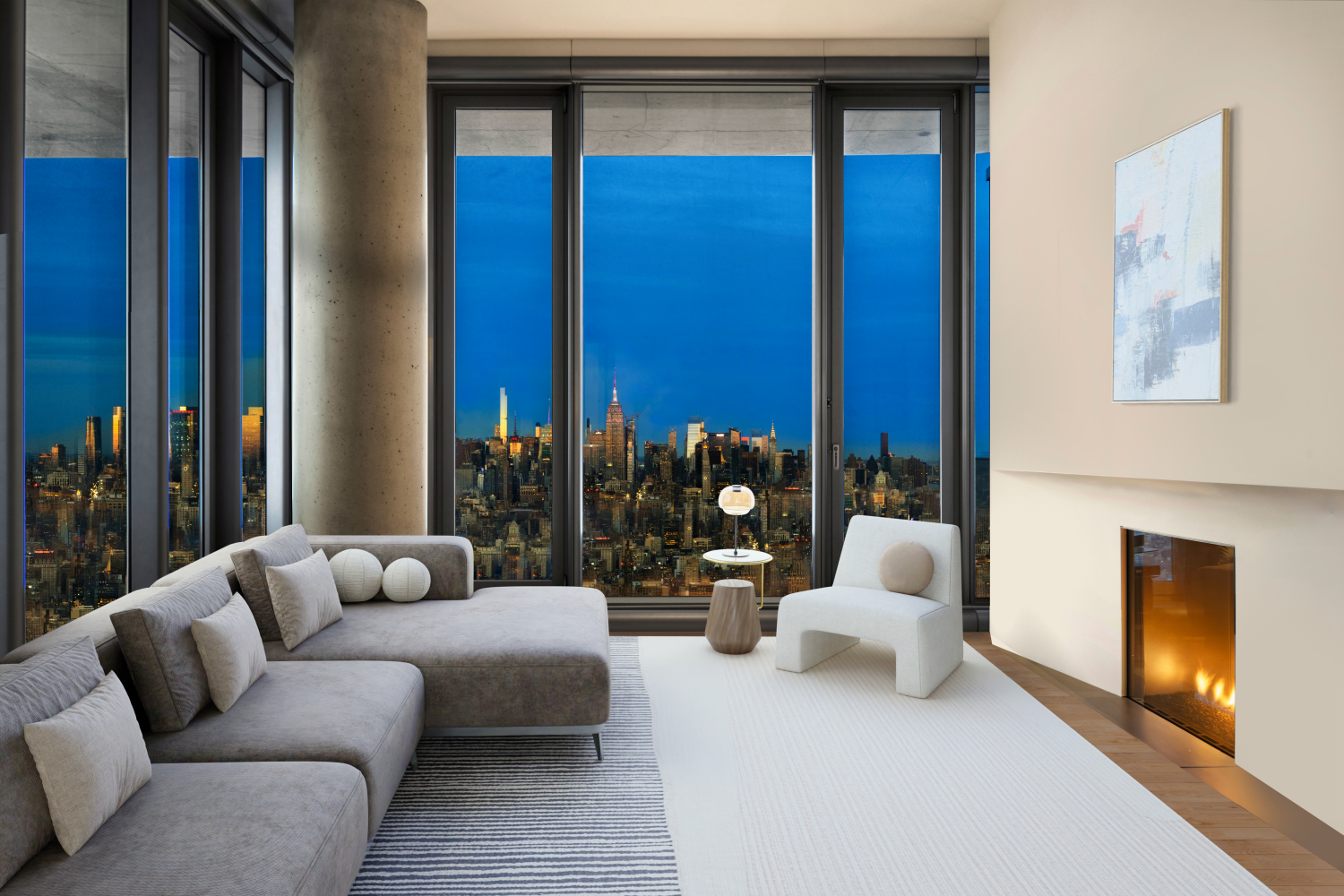 56 Leonard Street, Unit 47WEST Manhattan, NY 10013 - Photo 2 of 13 a living room with furniture and a fireplace