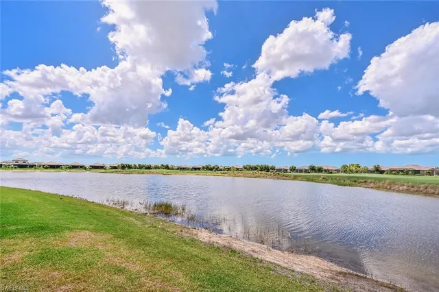 a view of a lake with houses in the back