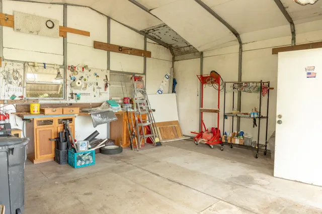 a backyard of a house with plants and large tree
