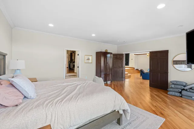 an aerial view of a house with outdoor space