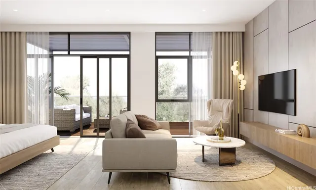 a living room with furniture and a large window