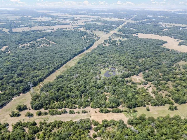 an aerial view of a house with a yard and large trees