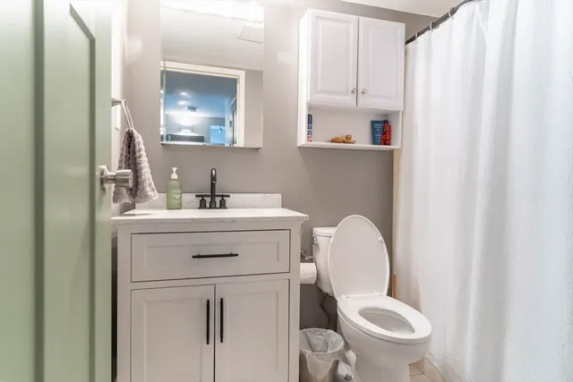 a bathroom with a toilet sink and mirror