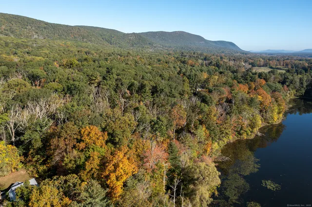 a view of a town with mountains in the background