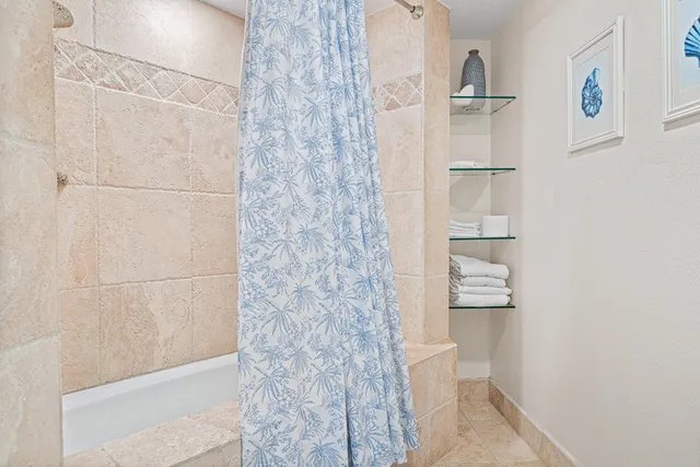 a bathroom with a shower and a toilet