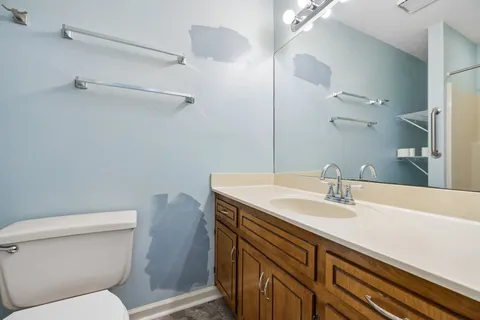 a bathroom with a sink toilet vanity and shower
