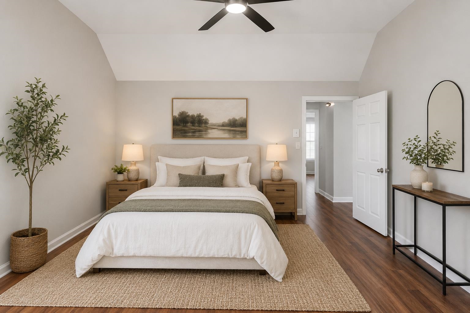 4101 Long Creek Road Memphis, TN 38125 - Photo 17 of 36 Vaulted ceiling bedroom featuring wood-finish flooring, a ceiling fan, and light gray wall paint