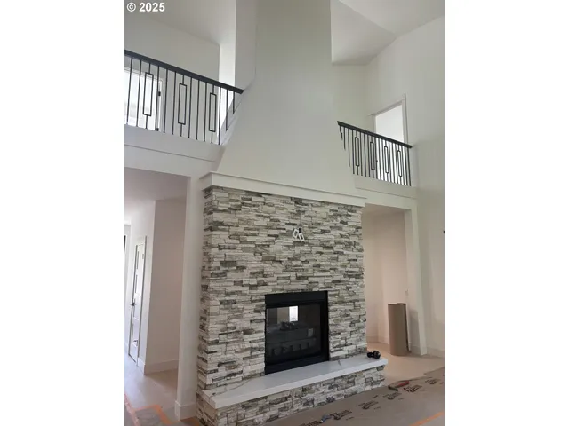 a living room with a fireplace