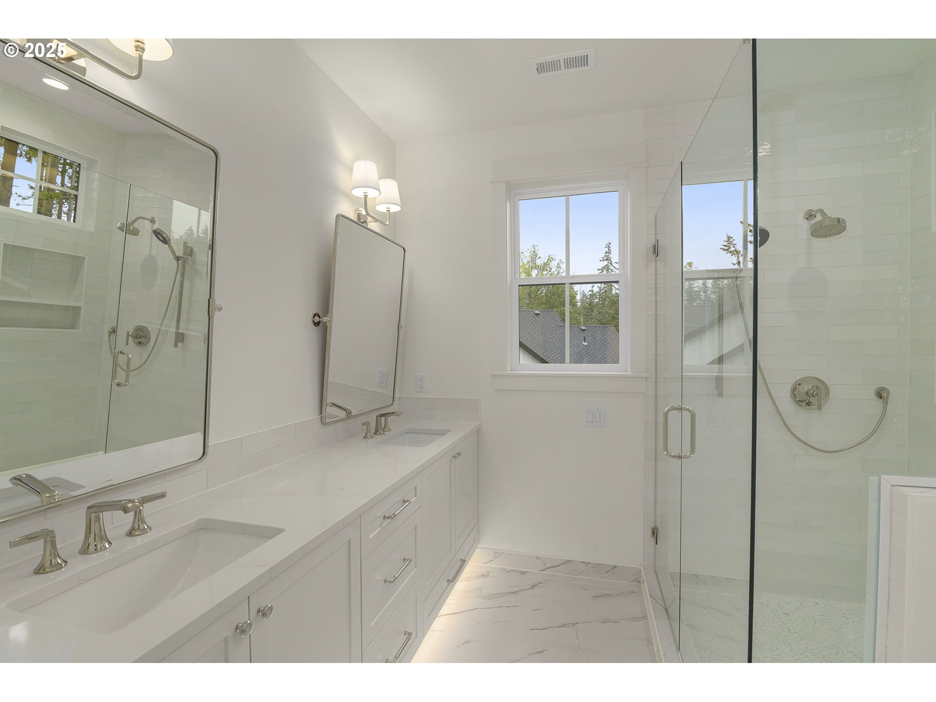 9999 Southwest Taylor Street Portland, OR 97225 - Photo 24 of 32 a bathroom with a double vanity sink mirror and shower