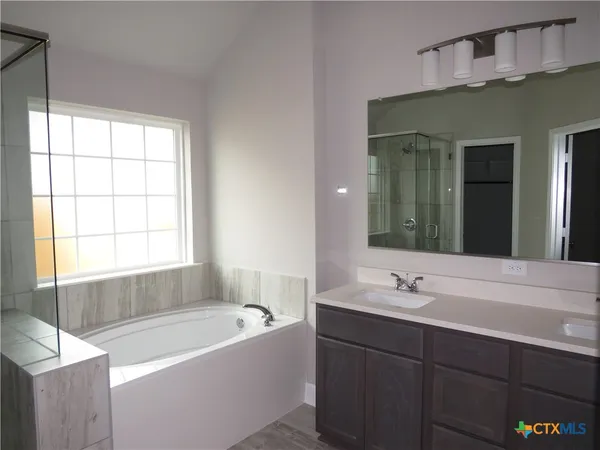 a bathroom with a tub sink and mirror