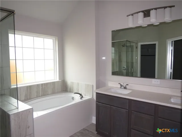 a bathroom with a tub sink and mirror