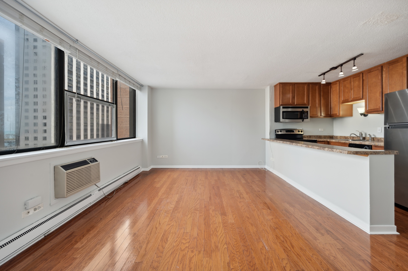 3110 North Sheridan Road, Unit 904 Chicago, IL 60657 - Photo 5 of 12 a kitchen with granite countertop a stove top oven a sink and a microwave