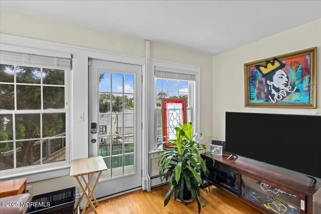 a living room with furniture potted plant and a flat screen tv