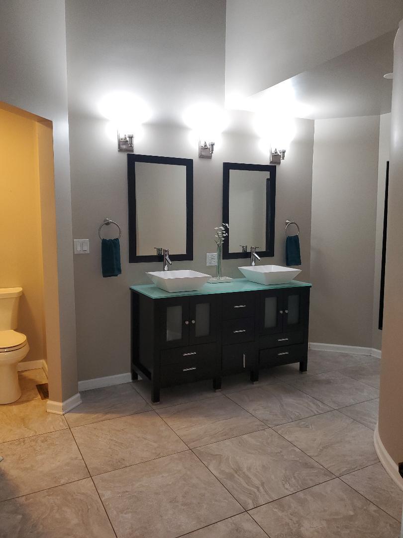 1385 Stonegate Road Algonquin, IL 60102 - Photo 21 of 32 a bathroom with a granite countertop sink a toilet and a mirror