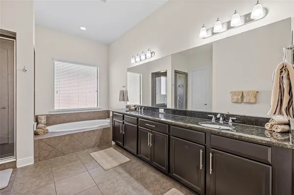a bathroom with a tub a sink double vanity and a mirror