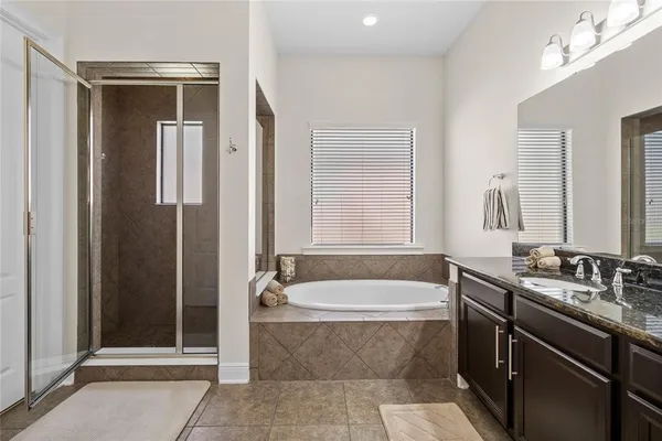 a bathroom with a bathtub a sink a mirror and a shower