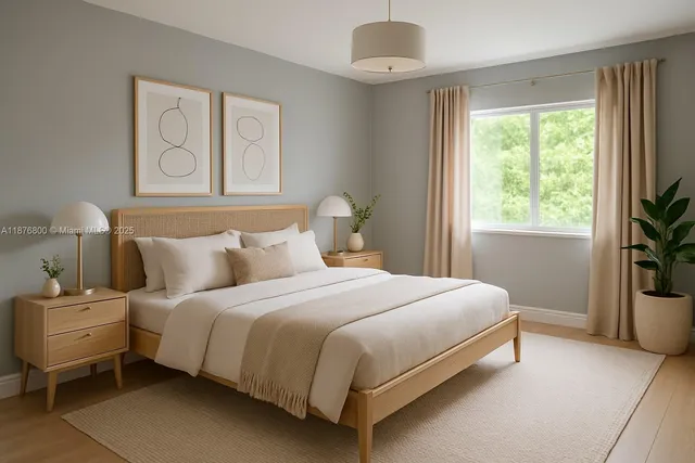 a bedroom with a large bed and a window