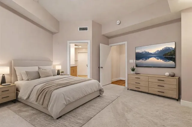 a bedroom with a bed and dresser