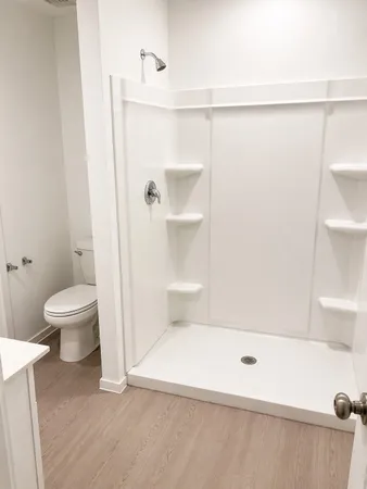 a bathroom with a shower and a toilet