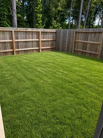 a view of a yard with wooden fence
