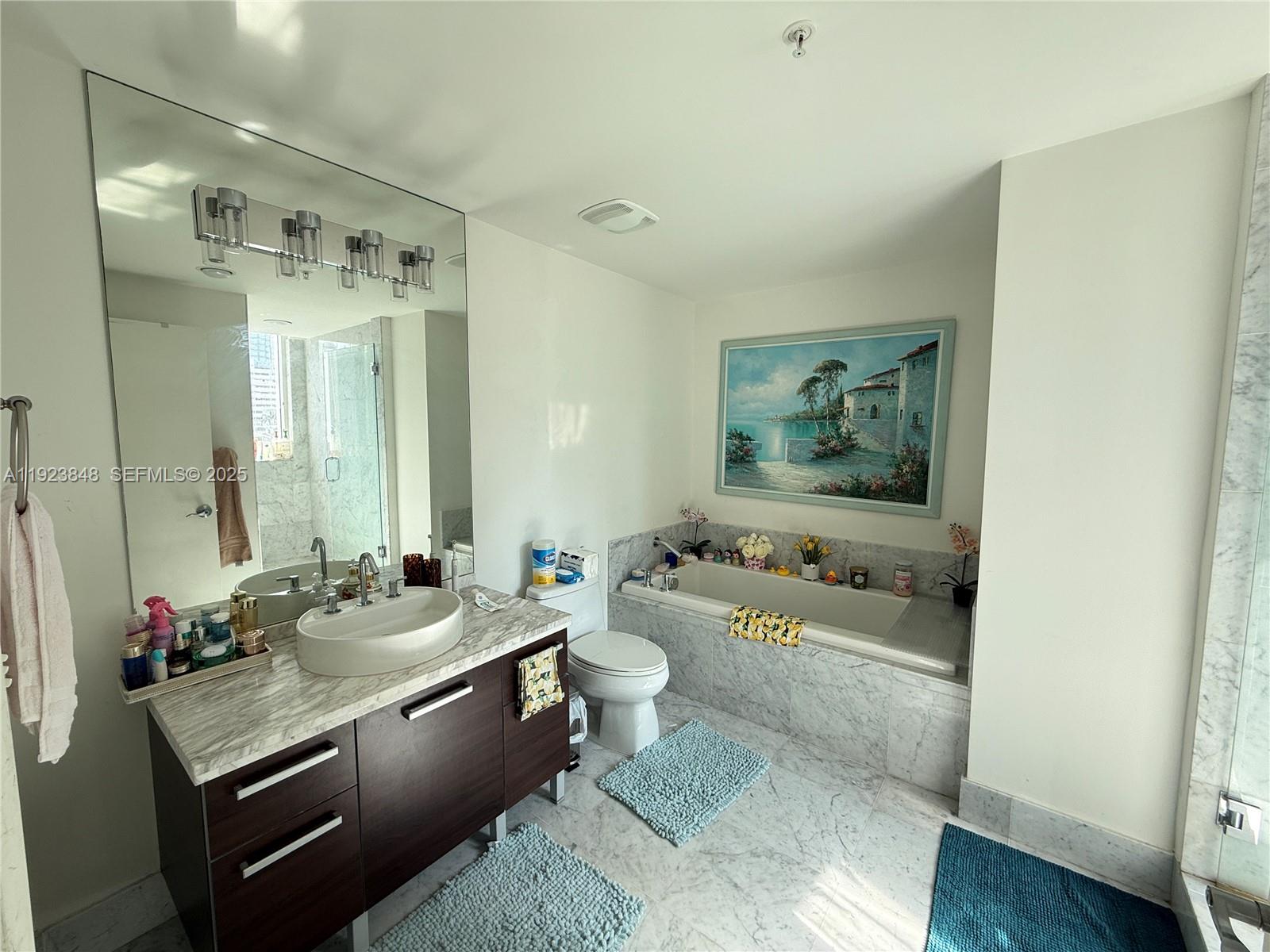 253 Northeast 2nd Street, Unit 908 Miami, FL 33132 - Photo 3 of 47 a bathroom with a double vanity sink toilet mirror and tub