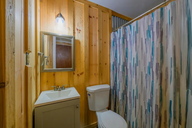 a bathroom with a sink a toilet and shower curtain