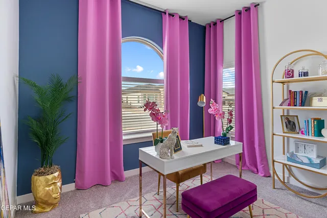 a living room with furniture and a book shelf