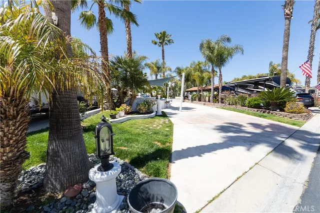a view of a backyard with plants and swimming pool