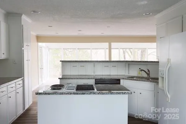 a kitchen with a sink a stove and cabinets