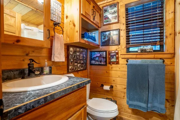 a bathroom with a granite countertop sink a toilet and shower