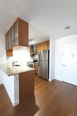 a kitchen with stainless steel appliances granite countertop a refrigerator a stove and a sink