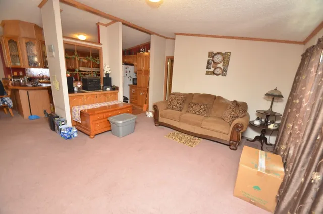 a living room with furniture a rug and white walls