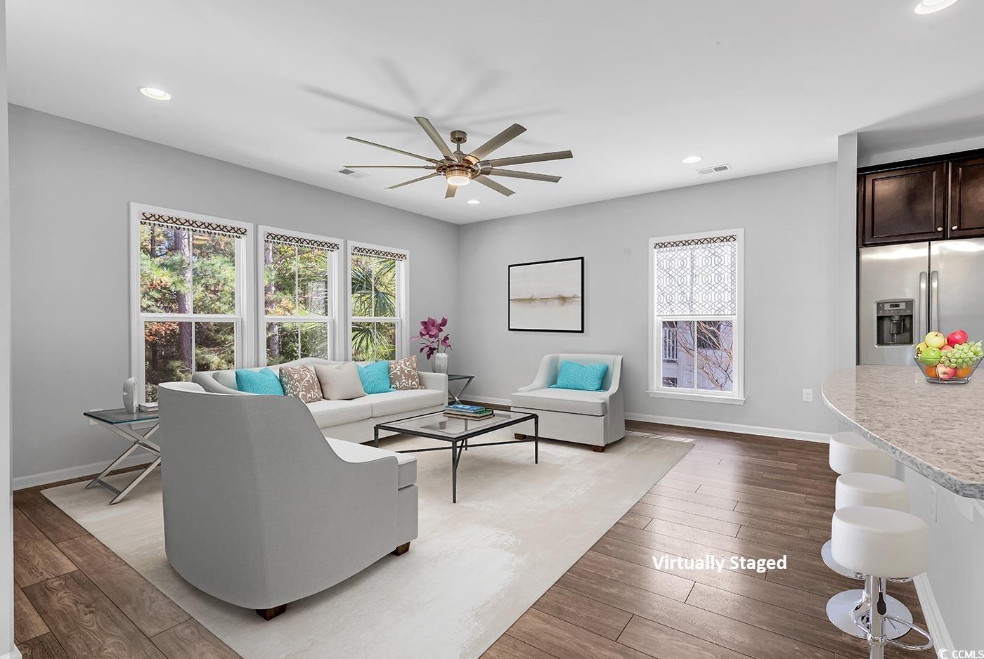 161 Splendor Circle Murrells Inlet, SC 29576 - Photo 6 of 37 Living room featuring recessed lighting, dark wood-type flooring, and ceiling fan