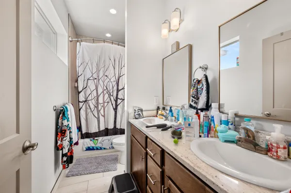 a bathroom with a sink vanity mirror and shower