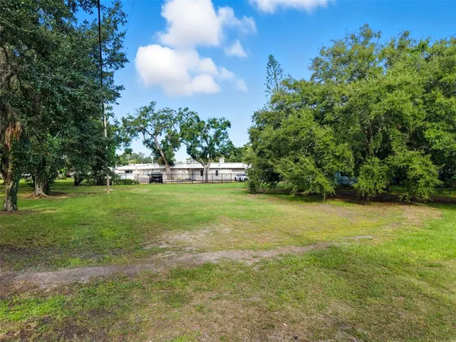 a view of a field of grass and trees