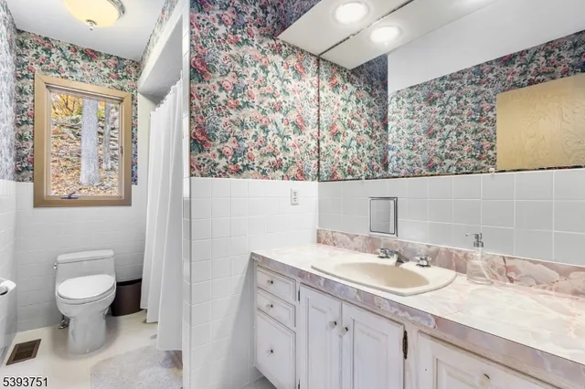 a bathroom with a granite countertop sink and a toilet