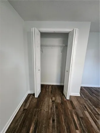 a view of a room with wooden floor and closet