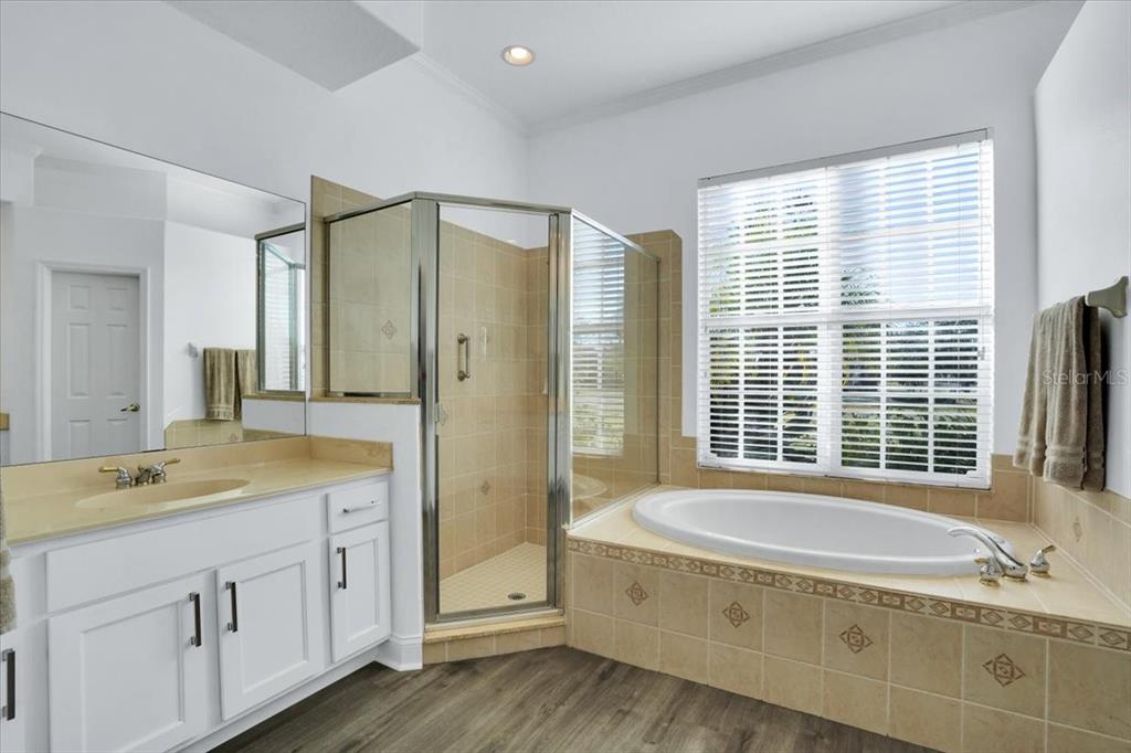 7601 226th Street East Bradenton, FL 34211 - Photo 26 of 50 a bathroom with a granite countertop tub a sink and a shower