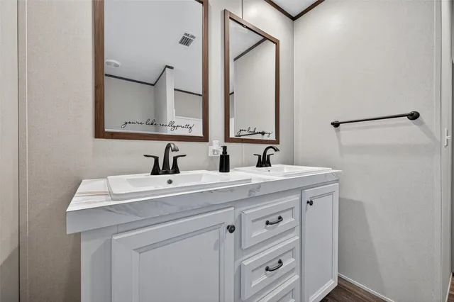 a bathroom with a sink vanity and a mirror