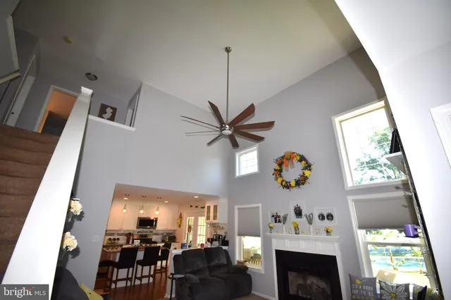 a living room with a fireplace