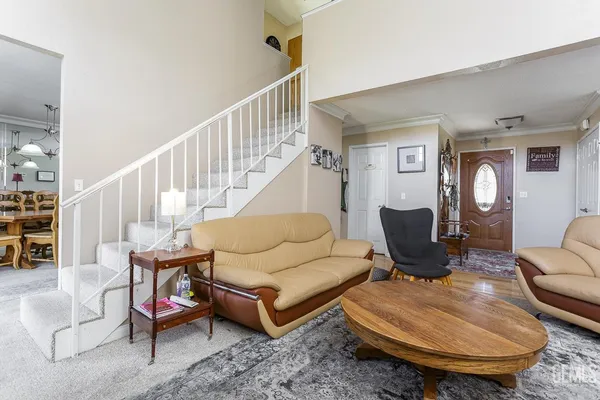 a living room with furniture a wooden floor and a potted plant